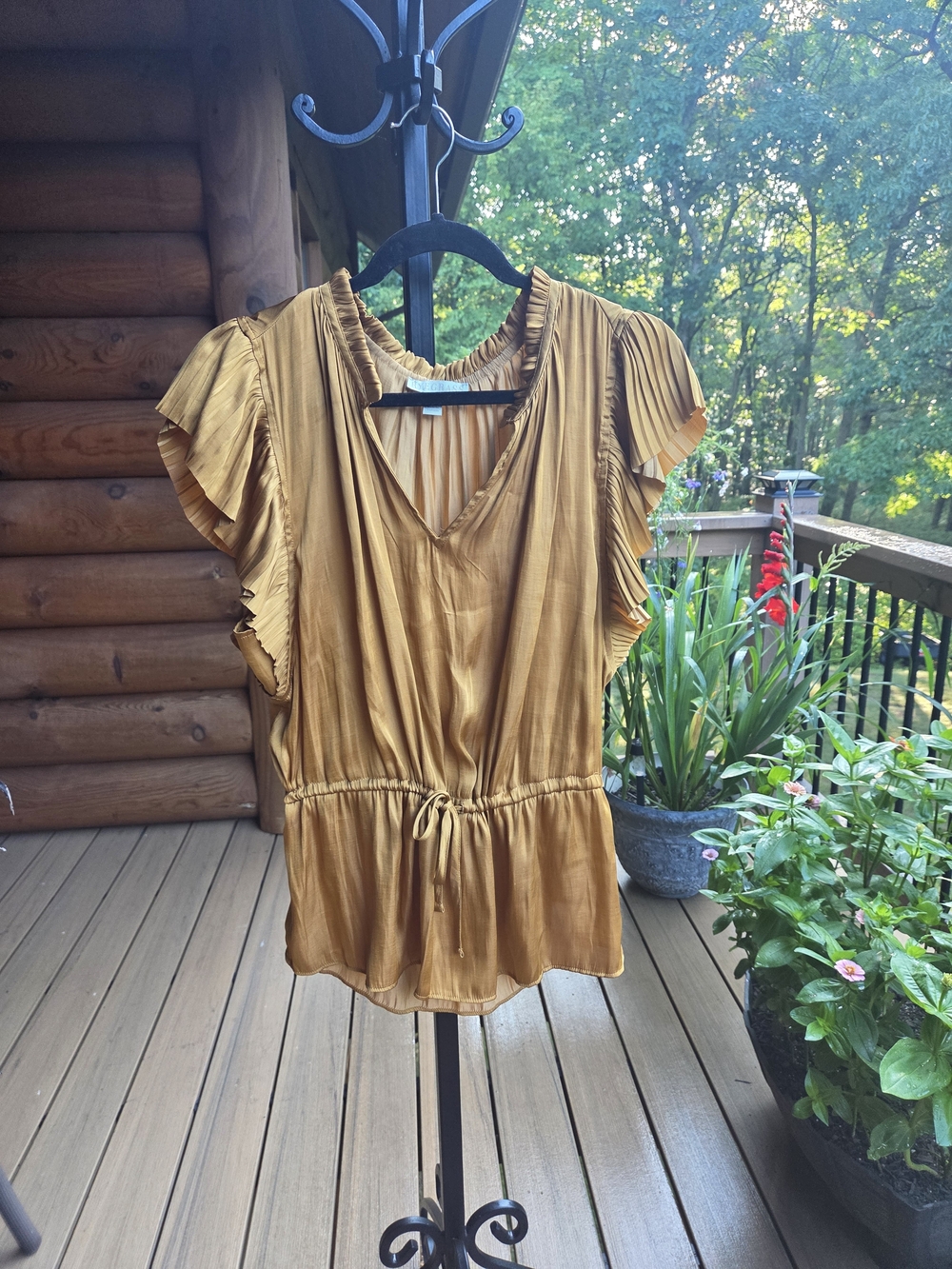 Women's Mustard Short Sleeve V-Neck Drawstring Blouse